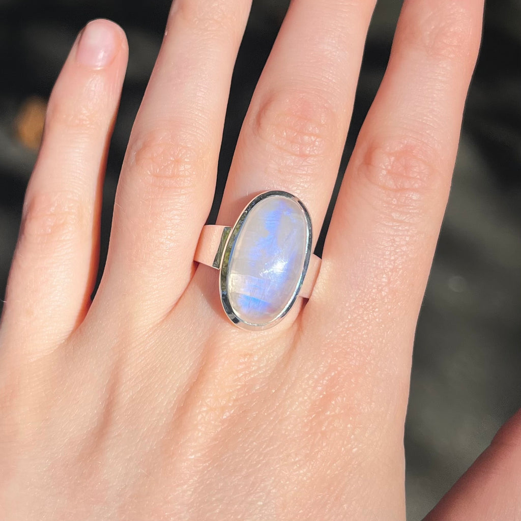Natural Rainbow Moonstone Ring | Oval Cabochon | Good Transparency with Blue Flashes | US Size 10 |  925 Sterling Silver |  Cancer Libra Scorpio Stone | Genuine Gems from Crystal Heart Melbourne Australia 1986'