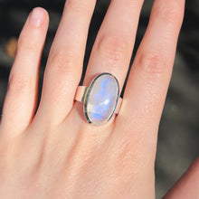 Load image into Gallery viewer, Natural Rainbow Moonstone Ring | Oval Cabochon | Good Transparency with Blue Flashes | US Size 10 |  925 Sterling Silver |  Cancer Libra Scorpio Stone | Genuine Gems from Crystal Heart Melbourne Australia 1986&#39;