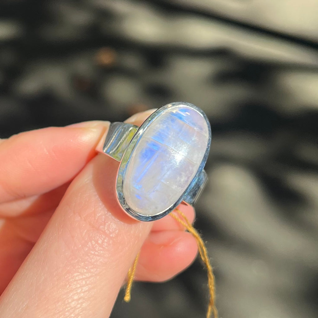 Natural Rainbow Moonstone Ring | Oval Cabochon | Good Transparency with Blue Flashes | US Size 10 |  925 Sterling Silver |  Cancer Libra Scorpio Stone | Genuine Gems from Crystal Heart Melbourne Australia 1986