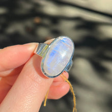 Load image into Gallery viewer, Natural Rainbow Moonstone Ring | Oval Cabochon | Good Transparency with Blue Flashes | US Size 10 |  925 Sterling Silver |  Cancer Libra Scorpio Stone | Genuine Gems from Crystal Heart Melbourne Australia 1986