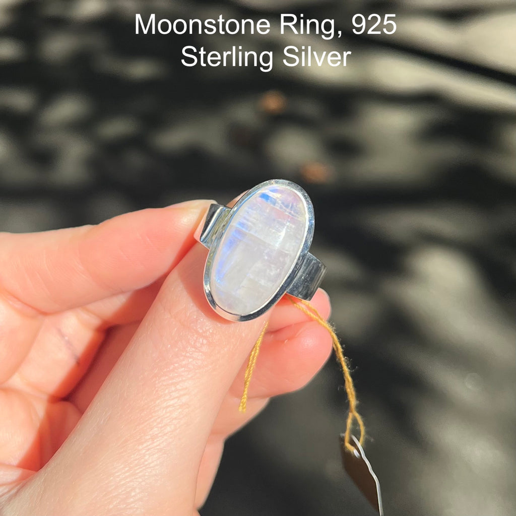 Natural Rainbow Moonstone Ring | Oval Cabochon | Good Transparency with Blue Flashes | US Size 10 |  925 Sterling Silver |  Cancer Libra Scorpio Stone | Genuine Gems from Crystal Heart Melbourne Australia 1986