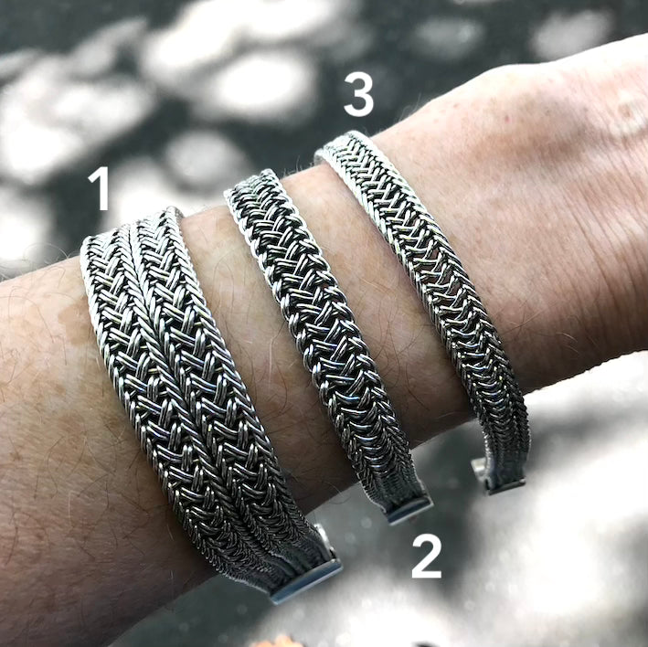 Large Mans Size Bracelets | Woven |  925 Sterling Silver   Flat Cross Section | Strong Push Pull Clasp | Masculine style with a touch of class | Crystal Heart Melbourne Australia since 1986