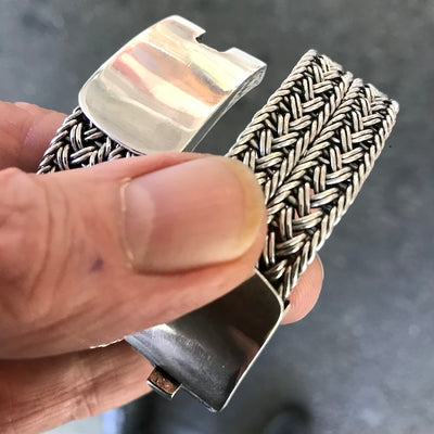 Large Mans Size Bracelets | Woven |  925 Sterling Silver   Flat Cross Section | Strong Push Pull Clasp | Masculine style with a touch of class | Crystal Heart Melbourne Australia since 1986