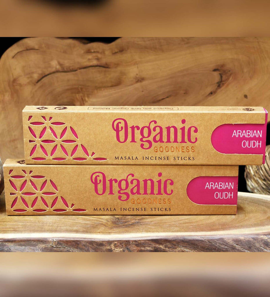 Organic Masala Incense Sticks - Arabian Oudh | Handmade | Non toxic | No child labour | Recycled & environmentally friendly | Beautifully Smelling Incense | Satya Sai Baba | Crystal Heart Since 1986 | 