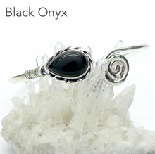 Load image into Gallery viewer, Black Onyx Gemstone Cuff Bracelet | Teardop Cabochon bezel set with detailed edging | Set on strong Silver wire ending in Celtic Spiral | Bangle Style | Bendy 925 Silver makes it adjustable Medium to Large wrist | Genuine Gemstones from Crystal Heart Melbourne Australia since 1986