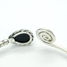 Load image into Gallery viewer, Black Onyx Gemstone Cuff Bracelet | Teardop Cabochon bezel set with detailed edging | Set on strong Silver wire ending in Celtic Spiral | Bangle Style | Bendy 925 Silver makes it adjustable Medium to Large wrist | Genuine Gemstones from Crystal Heart Melbourne Australia since 1986