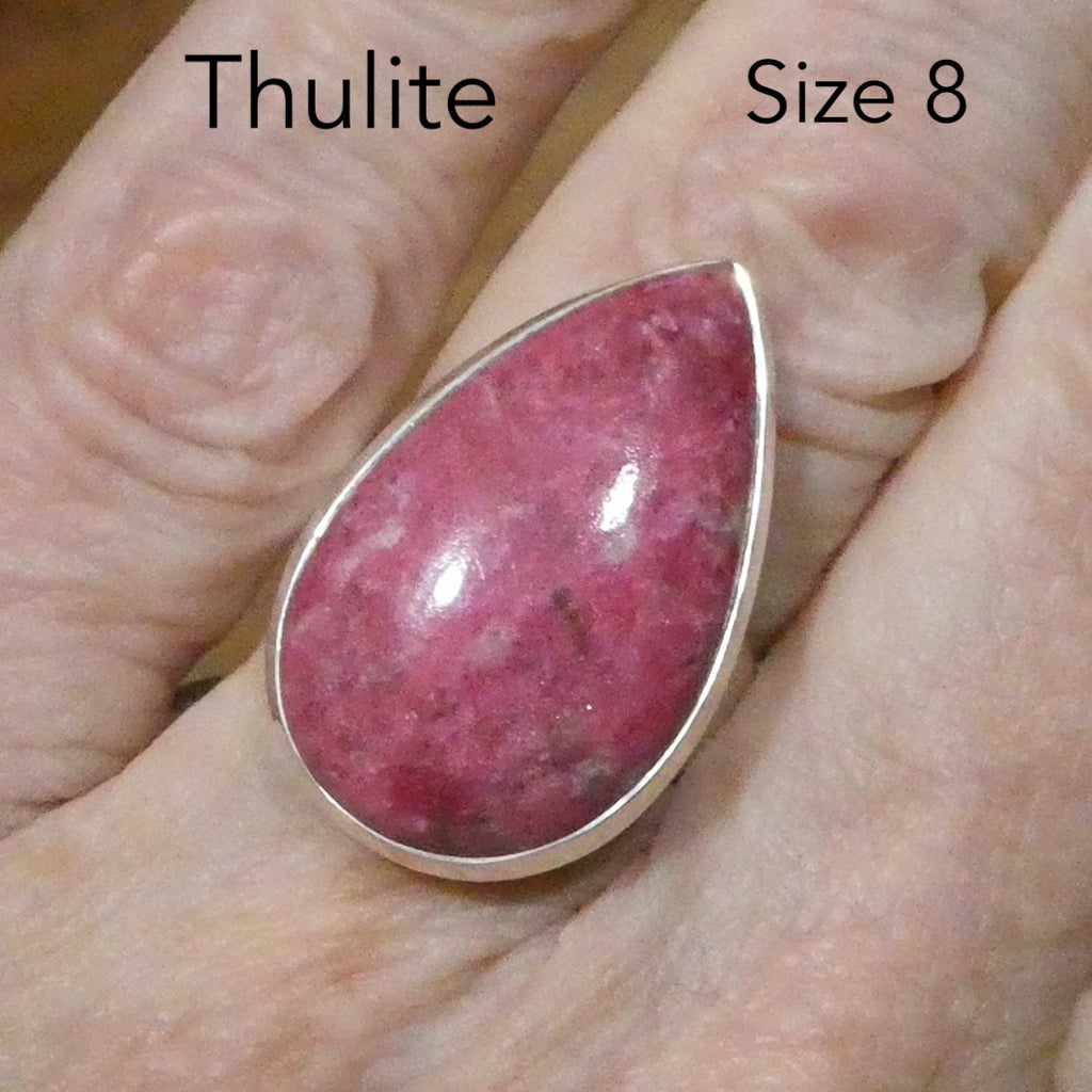 Thulite (Rosaline) Ring | Teardop Cabochon | 925 Sterling Silver | US Size 8, AUS Size P1/2 | | Perfect deep pinkish red Zoisite variety from Norway | Healing Nurturing Relationship Emotional Trauma | Public speaking | Genuine Gems from Crystal Heart Melbourne Australia since 1986