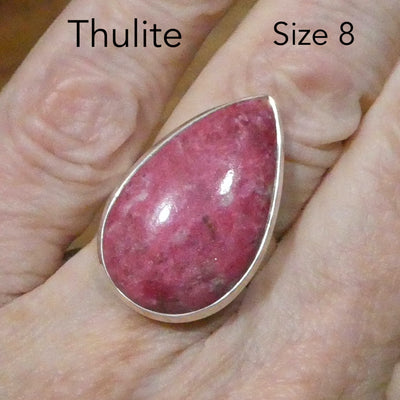 Thulite (Rosaline) Ring | Teardop Cabochon | 925 Sterling Silver | US Size 8, AUS Size P1/2 | | Perfect deep pinkish red Zoisite variety from Norway | Healing Nurturing Relationship Emotional Trauma | Public speaking | Genuine Gems from Crystal Heart Melbourne Australia since 1986