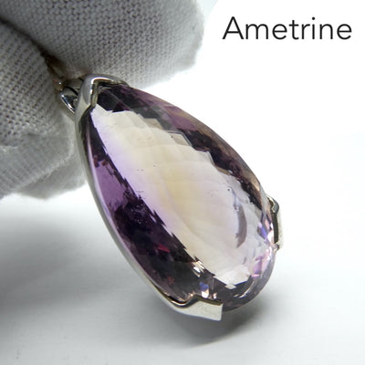 Ametrine Pendant | Faceted Teardrop | Amethyst & Citrine Zoning | 925 Sterling Silver | Simple well made Besel Setting with classy hinged bail | Libra Stone | Genuine Stones from Crystal Heart Melbourne Australia since 1986