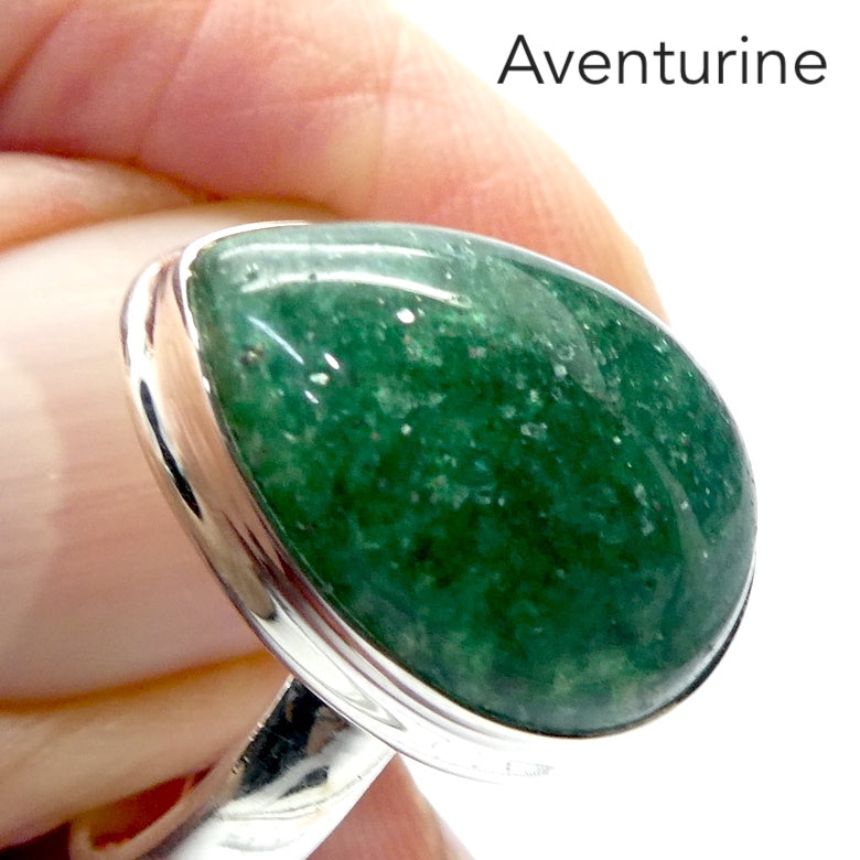 Teardrop Cabochon of Green Aventurine | Ring | US Size 9.5  | AUS Size S1/2  | Good quality Sterling Silver setting | Known as The  'All Round Healer' | Plexus and Physical Heart |  more natural breathing and all the health benefits accruing from that | Genuine Gems from Crystal Heart Melbourne Australia since 1986