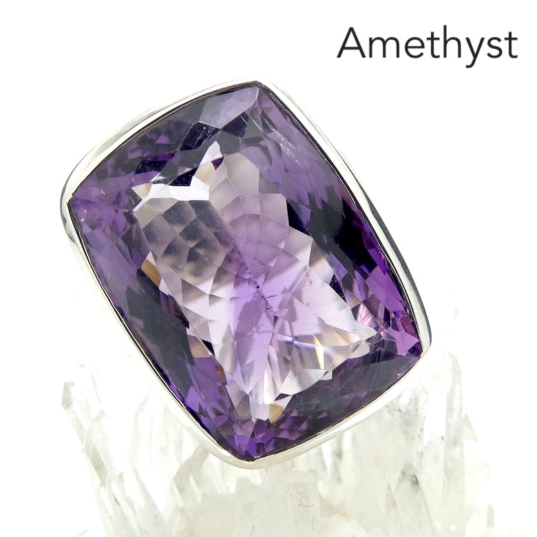 Amethyst Ring | Huge Faceted Emerald Cut | Some Zoning | 925 Sterling Silver | US Size 9 | AUS or EU Size R1/2 | Meditation | Balance | Purifying | Aquarius Pisces | Genuine Gems from Crystal Heart Melbourne Australia since 1986