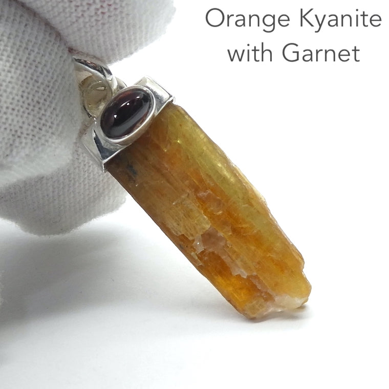 Orange Kyanite Raw Crystal Pendant with Garnet 925 Silver, r3
