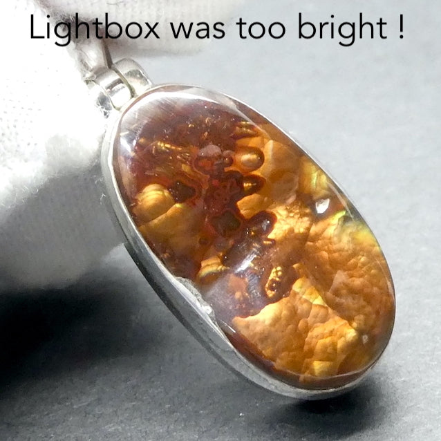 Mexican Fire Agate Pendant | Freeform Cabochon | Good Colour Flashes | Bezel Set with open back | 925 Sterling Silver | Genuine Gems from Crystal Heart Melbourne Australia since 1986