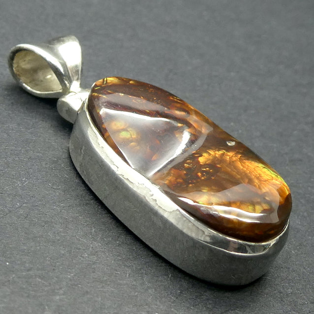 Mexican Fire Agate Pendant | Freeform Cabochon | Good Colour Flashes | Bezel Set with open back | 925 Sterling Silver | Genuine Gems from Crystal Heart Melbourne Australia since 1986