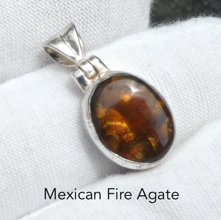 Mexican Fire Agate Pendant Cabochon Freeform, 925 Silver, G1