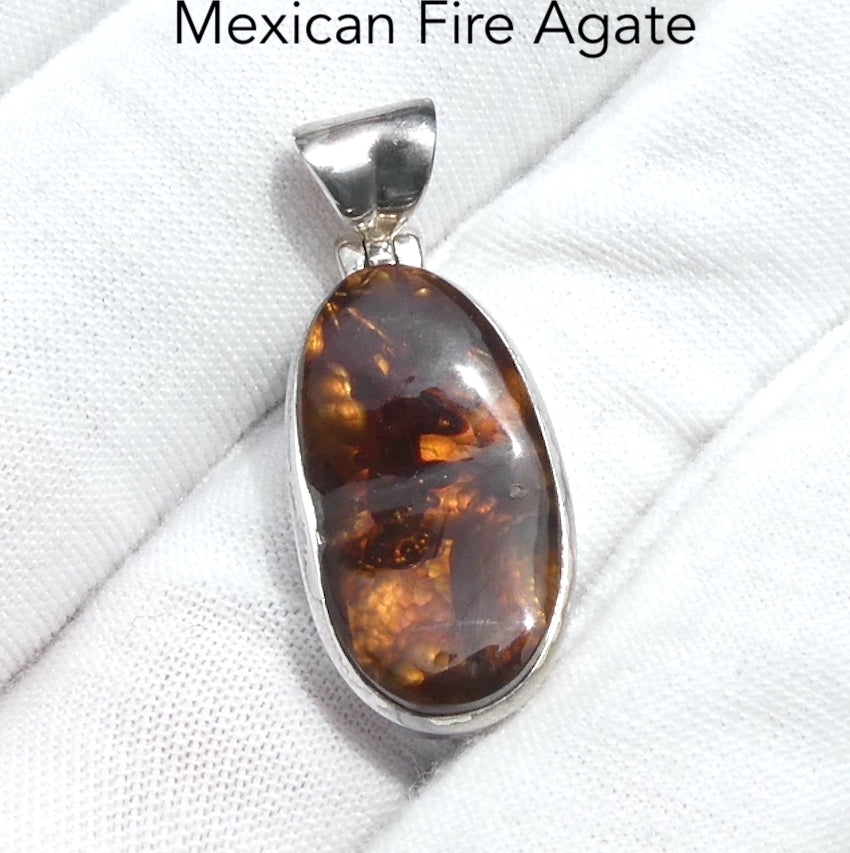 Mexican Fire Agate Pendant | Freeform Cabochon | Good Colour Flashes | Bezel Set with open back | 925 Sterling Silver | Genuine Gems from Crystal Heart Melbourne Australia since 1986