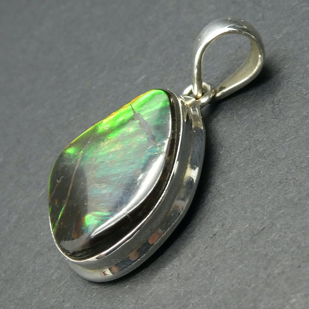 Ammolite Pendant | Freeform Cabochon | Bright Green and Golden Orange Flash | Dragon Scale | 925 Sterling Silver | Opalised Fossil Ammonite | Canadian Gemstone | Genuine Gems from Crystal Heart Melbourne Australia since 1986
