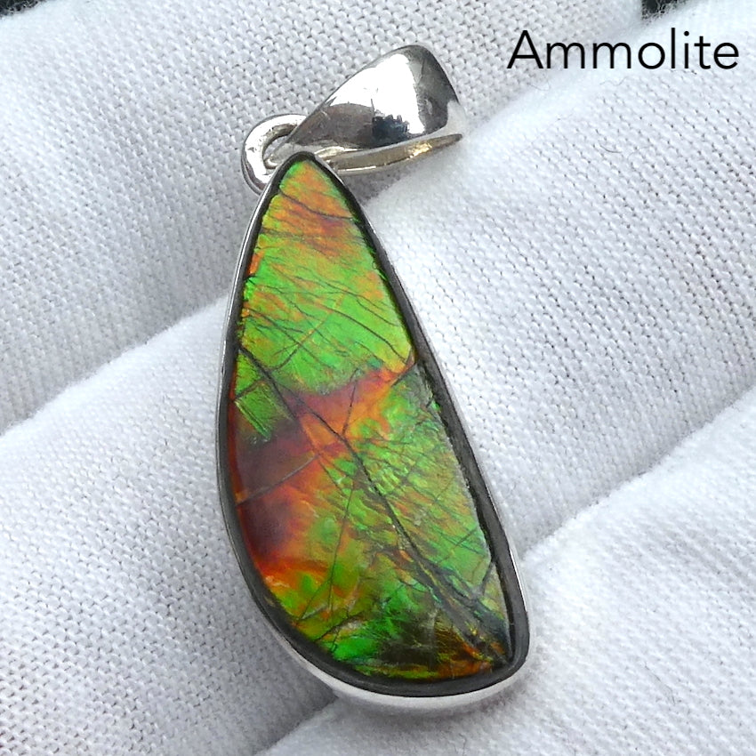 Ammolite Pendant | Freeform Cabochon | Bright Green and Golden Orange Flash | Dragon Scale | 925 Sterling Silver | Opalised Fossil Ammonite | Canadian Gemstone | Genuine Gems from Crystal Heart Melbourne Australia since 1986