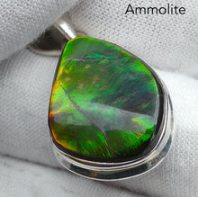 Load image into Gallery viewer, Ammolite Pendant | Freeform Cabochon | Bright Green and Golden Orange Flash | Dragon Scale | 925 Sterling Silver | Opalised Fossil Ammonite | Canadian Gemstone | Genuine Gems from Crystal Heart Melbourne Australia since 1986