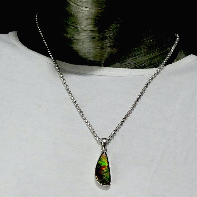 Ammolite Pendant | Freeform Cabochon | Bright Green and Golden Orange Flash | Dragon Scale | 925 Sterling Silver | Opalised Fossil Ammonite | Canadian Gemstone | Genuine Gems from Crystal Heart Melbourne Australia since 1986