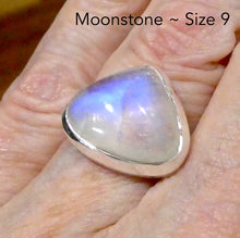 Load image into Gallery viewer, Natural Rainbow Moonstone Ring | Soft Puff Triangle Cabochon | Good Transparency with Blue Flashes | US Size 9 | Aus Size R1/2 | 925 Sterling Silver |  Cancer Libra Scorpio Stone | Genuine Gems from Crystal Heart Melbourne Australia 1986