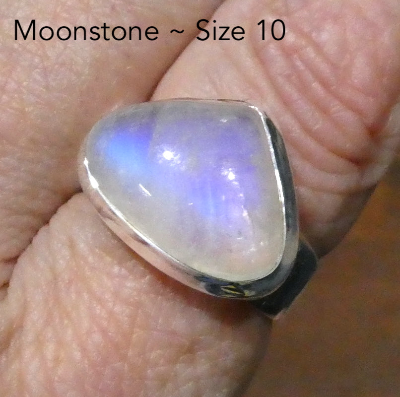 Natural Rainbow Moonstone Ring | Soft Puff Triangle Cabochon | Good Transparency with Blue Flashes | US Size 10  | Aus Size T1/2 | 925 Sterling Silver |  Cancer Libra Scorpio Stone | Genuine Gems from Crystal Heart Melbourne Australia 1986