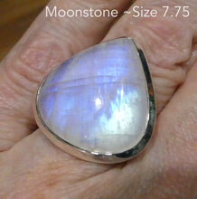 Load image into Gallery viewer, Natural Rainbow Moonstone Ring | Large Teardrop Cabochon | Good Transparency with Blue Flashes | US Size 7.75  | Aus Size P | 925 Sterling Silver |  Cancer Libra Scorpio Stone | Genuine Gems from Crystal Heart Melbourne Australia 1986