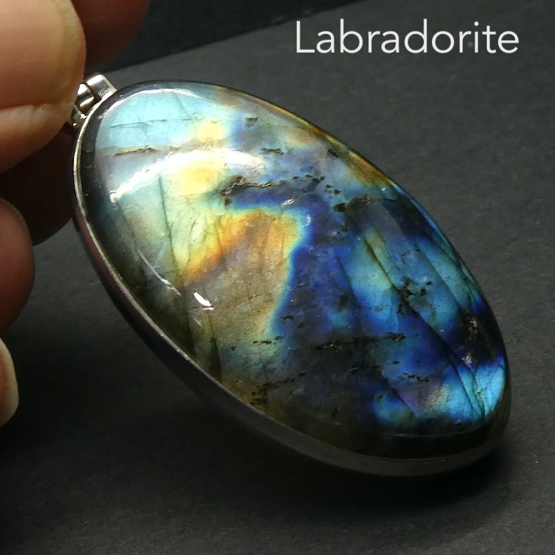 Labradorite Spectrolite Pendant | Large Oval Cabochon | 925 Sterling Silver | Blues and Golds Flashing Fire | Sagittarius Scorpio Leo Star Stone | Genuine Gems from Crystal Heart Melbourne Australia since 1986