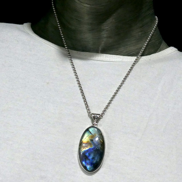 Labradorite Spectrolite Pendant | Large Oval Cabochon | 925 Sterling Silver | Blues and Golds Flashing Fire | Sagittarius Scorpio Leo Star Stone | Genuine Gems from Crystal Heart Melbourne Australia since 1986