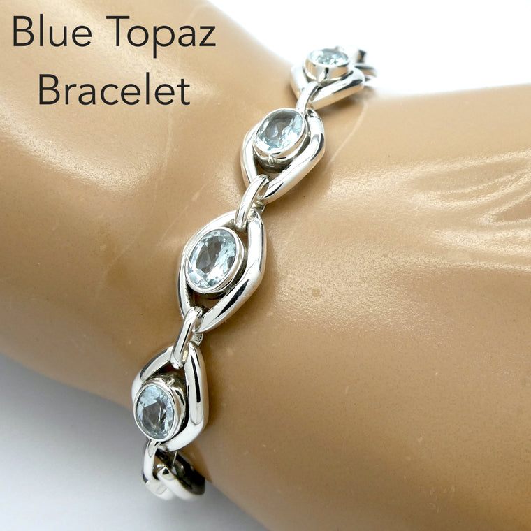 Blue Topaz Bracelet, Faceted Ovals, 925 Silver, ks