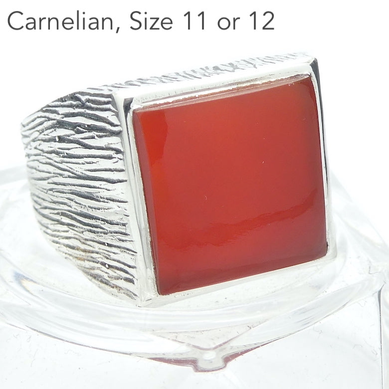 Carnelian Ring | Square Cabochon | Mens Signet Style | 925 Sterling Silver | Wood Grain Detailing | US Size 11  or 12 | Simple Strong Setting | Consistent Color | Creativity Focus | Cancer Leo Taurus | Genuine Gems from Crystal Heart Australia since 1986
