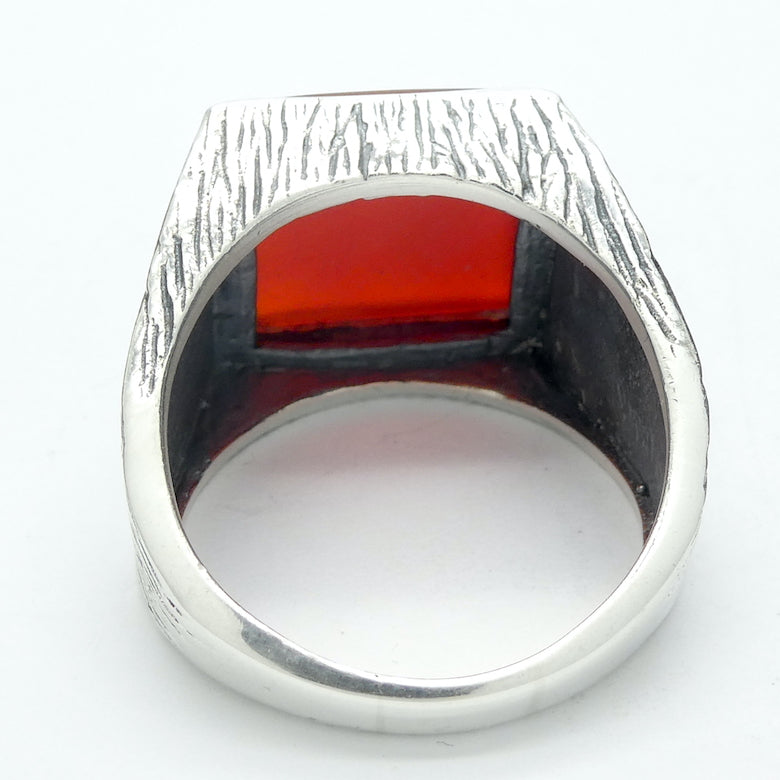 Carnelian Ring | Square Cabochon | Mens Signet Style | 925 Sterling Silver | Wood Grain Detailing | US Size 11  or 12 | Simple Strong Setting | Consistent Color | Creativity Focus | Cancer Leo Taurus | Genuine Gems from Crystal Heart Australia since 1986