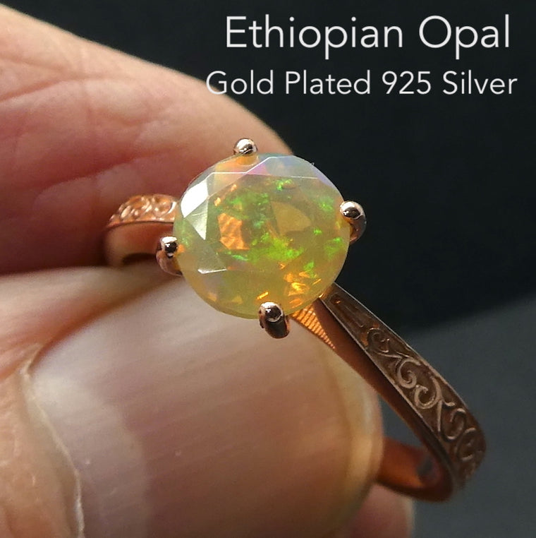 Ethiopian Opal Ring, Faceted Round, Gold Plated 925 Silver