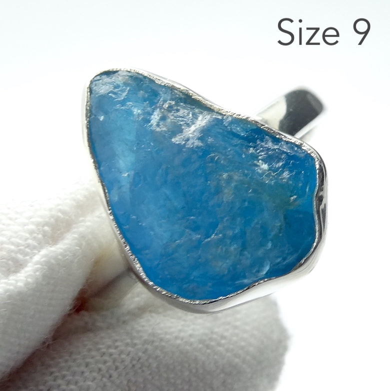 Neon Blue Apatite Ring | Raw Uncut Natural Nugget | Authentic Organic Look | 925 Sterling Silver | Simple Setting | US Size 8 | 9 | 10 | Genuine Gems from  Crystal Heart Melbourne Australia since 1986