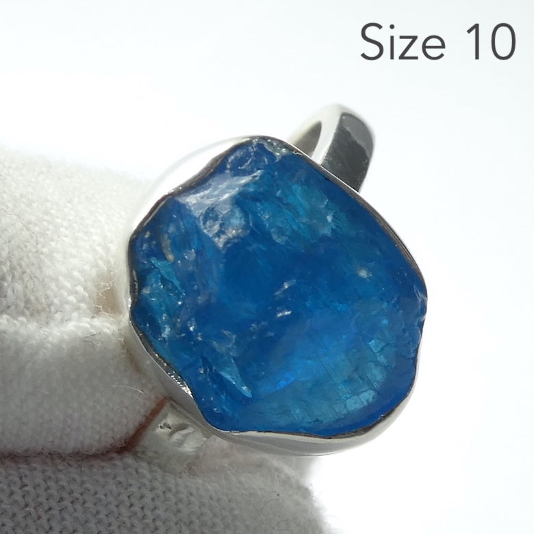Neon Blue Apatite Ring | Raw Uncut Natural Nugget | Authentic Organic Look | 925 Sterling Silver | Simple Setting | US Size 8 | 9 | 10 | Genuine Gems from  Crystal Heart Melbourne Australia since 1986