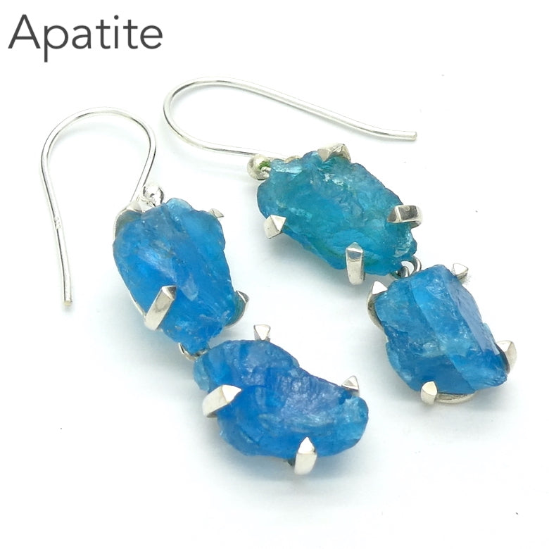 Neon Blue Apatite Earrings | Raw Uncut Natural Nugget | Authentic Organic Look | 925 Sterling Silver | Simple Claw Set |  Genuine Gems from  Crystal Heart Melbourne Australia since 1986