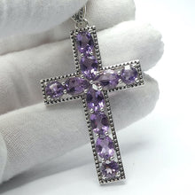 Load image into Gallery viewer, Cross Pendant | Large  | Bejewelled | Genuine Gemstones | 925 Sterling Silver | Amethyst  | Faceted rounds and Teardrops | Genuine Gems from Crystal Heart Melbourne Australia since 1986