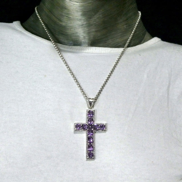 Cross Pendant | Large  | Bejewelled | Genuine Gemstones | 925 Sterling Silver | Amethyst  | Faceted rounds and Teardrops | Genuine Gems from Crystal Heart Melbourne Australia since 1986