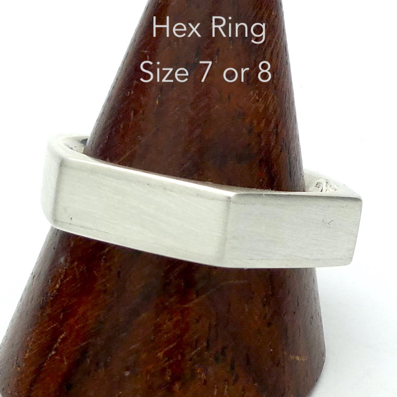 Hexagonal Unisex Ring | 925 Sterling Silver | Outer edges brushed | Inner edge highly polished and cambered | US Size 7 or 8 | Aus Size N1/2 or P1/2 | Crystal Heart Melbourne Australia since 1986