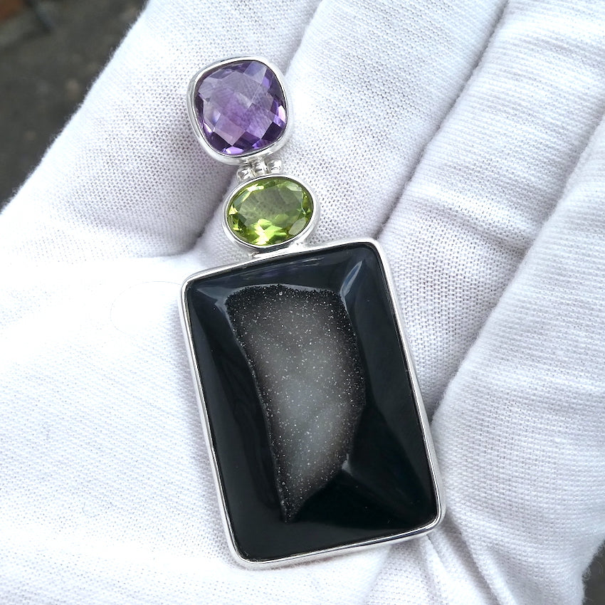 Druzy Black Onyx Pendant | Oblong Cabochon with crystal pocket | Faceted Amethyst and Peridot above | 925 Sterling Silver Setting | Empowering, protective, uplifting and spiritual | Genuine Gems from Crystal Heart Melbourne Australia since 1986