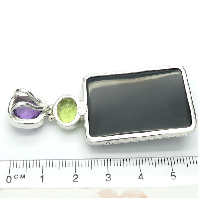 Druzy Black Onyx Pendant | Oblong Cabochon with crystal pocket | Faceted Amethyst and Peridot above | 925 Sterling Silver Setting | Empowering, protective, uplifting and spiritual | Genuine Gems from Crystal Heart Melbourne Australia since 1986