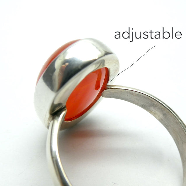 Carnelian Cabochon Ring | 925 Sterling Silver | Adjustable US Size 8 and 9 | Simple Strong Setting | Consistent Color | Creativity Focus | Cancer Leo Taurus | Crystal Heart since 1986