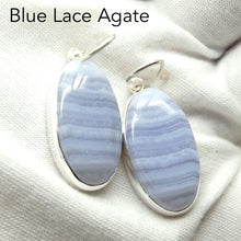 Load image into Gallery viewer, Blue Lace Agate Earring |  Oval Cabochon | 925 Sterling Silver | Bezel Set | Open Backs | Delicate Sky blue | Throat Chakra | Unblock communication &amp; all forms of expression  | Genuine Gems from Crystal Heart Melbourne Australia since 1986