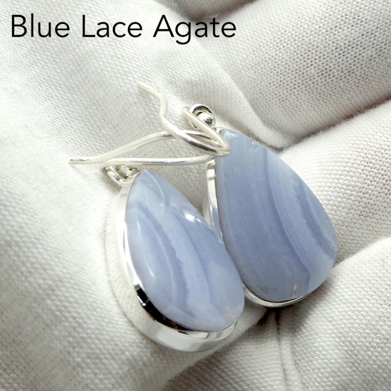 Blue Lace Agate Earring | Teardrop Cabochon | 925 Sterling Silver | Bezel Set | Open Backs | Delicate Sky blue | Throat Chakra | Unblock communication & all forms of expression  | Genuine Gems from Crystal Heart Melbourne Australia since 1986