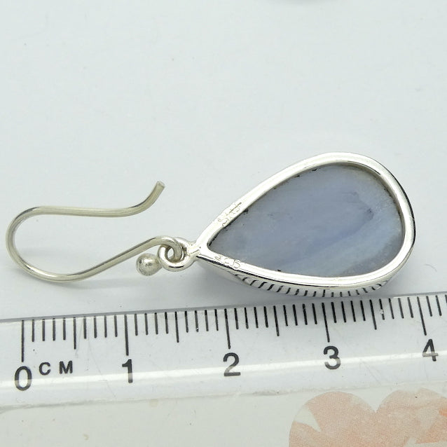 Blue Lace Agate Earring | Teardrop Cabochon | 925 Sterling Silver | Bezel Set | Open Backs | Delicate Sky blue | Throat Chakra | Unblock communication & all forms of expression  | Genuine Gems from Crystal Heart Melbourne Australia since 1986