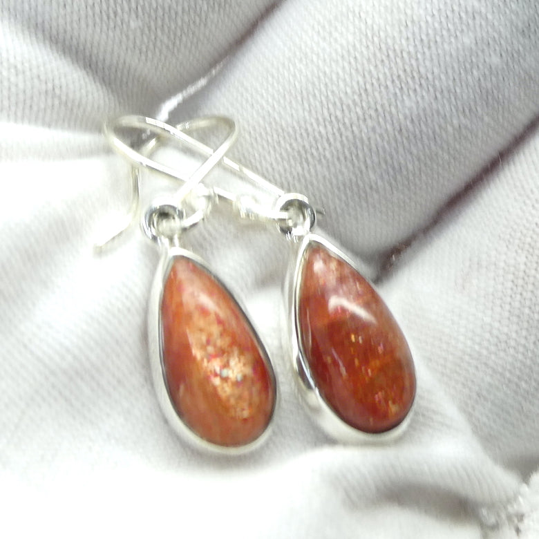 Natural Sunstone Earrings | Sparkling Teardrop Cabochon | 925 Sterling Silver  | Classic Bezel Setting | Open Back | Positive Uplifting emotions  | Leo Libra Star Stone | Genuine Gems from Crystal Heart Melbourne Australia since 1986