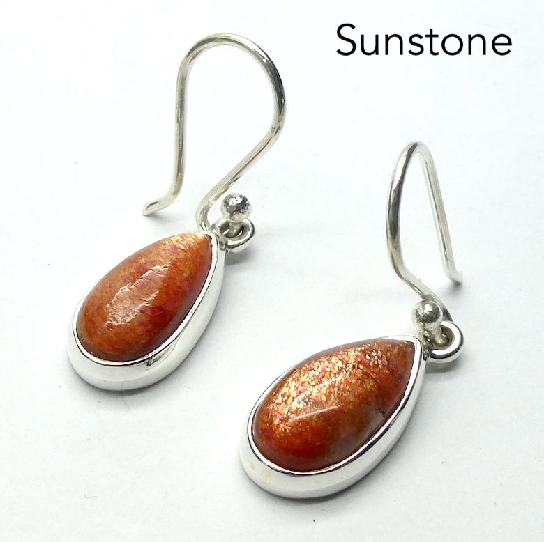 Natural Sunstone Earrings | Sparkling Teardrop Cabochon | 925 Sterling Silver  | Classic Bezel Setting | Open Back | Positive Uplifting emotions  | Leo Libra Star Stone | Genuine Gems from Crystal Heart Melbourne Australia since 1986