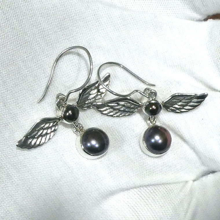 Black Pearl Earrings, Angel Wings, 925 Silver, kt2