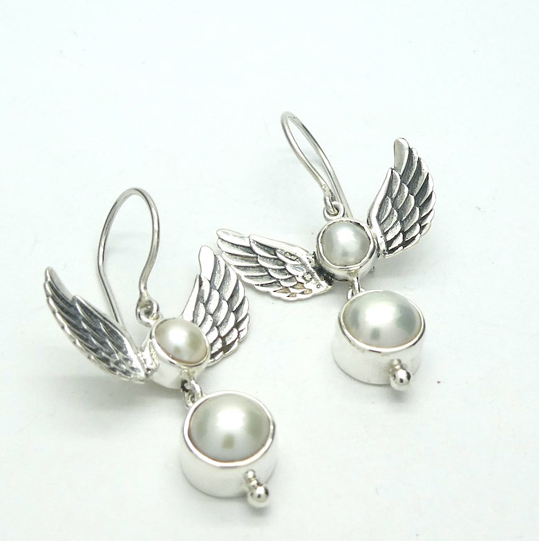 Classic Freshwater Pearl Earrings  | 925 Sterling Silver | 2 round pealrs with good luster held between feathered silver angel wings | Genuine Gems from Crystal Heart Melbourne Australia since 1986