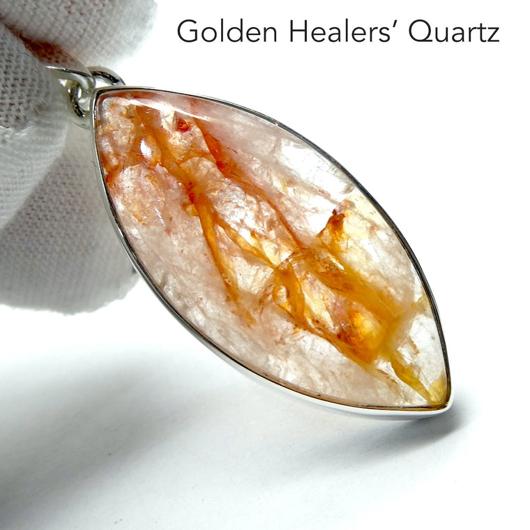 Golden Healers Quartz Pendant, Marquis Cabochon, 925 Silver, r1